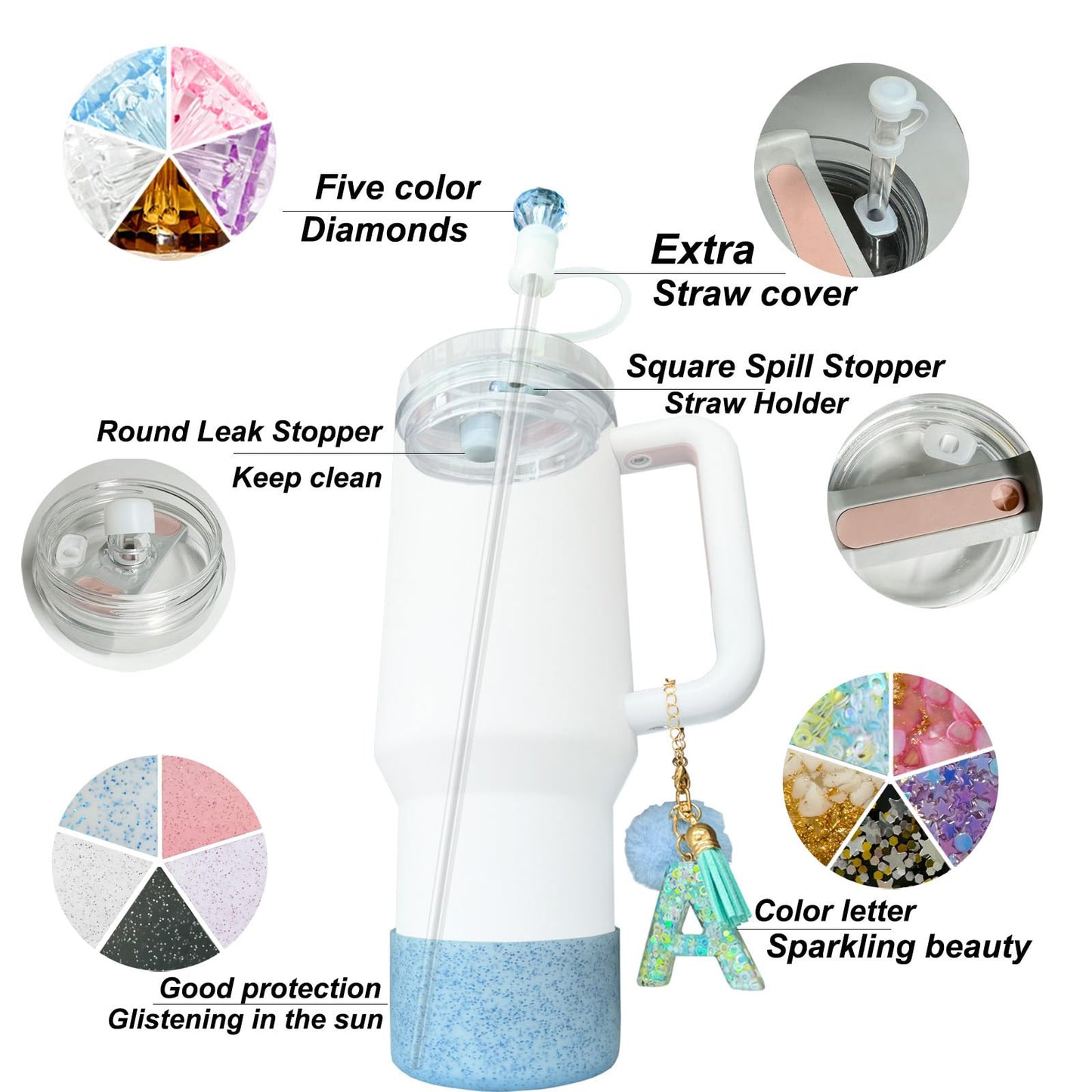 6-Pcs Stanley Cup Accessories Set,10mm Straw Topper, Letter Charms,Diamond Straw Covers,Bling Silicone Boot, Spill-Proof Compatible Stanley Cup Accessories(Purple K)