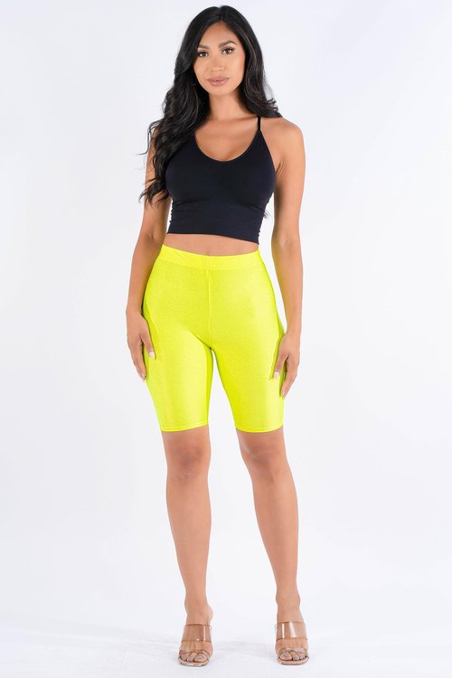 OFENTI Shiny Biker Shorts Colorful Knee Length High Waist Active Slip Shorts Boy Shorts Dance Yoga Running Lounge Neon Yellow 2X