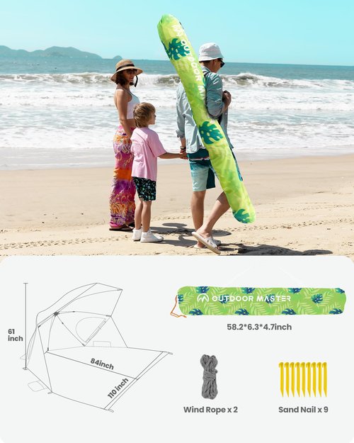 OutdoorMaster Pop Up Beach Umbrella, Portable Tent Shelter, Beach Shade Sun Canopy with UPF 50+ UV Protection, Extendable Floor with Carrying Bag - Golden Amber