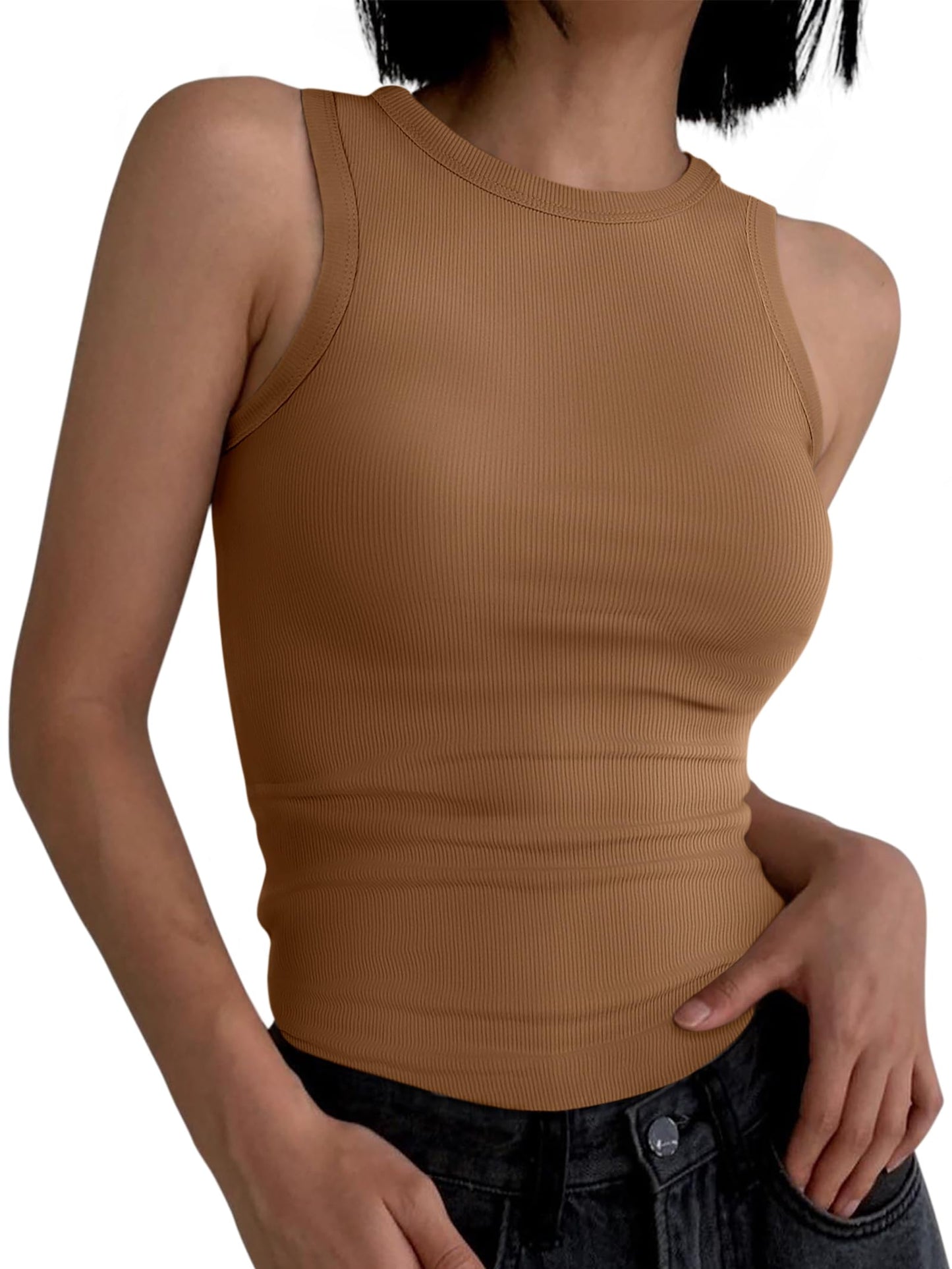ANRABESS Womens Sleeveless High Neck Tank Tops Fashion Summer Casual Basic Slim Fit Ribbed Racerback Top Shirt Clothes Coffee-X-Small