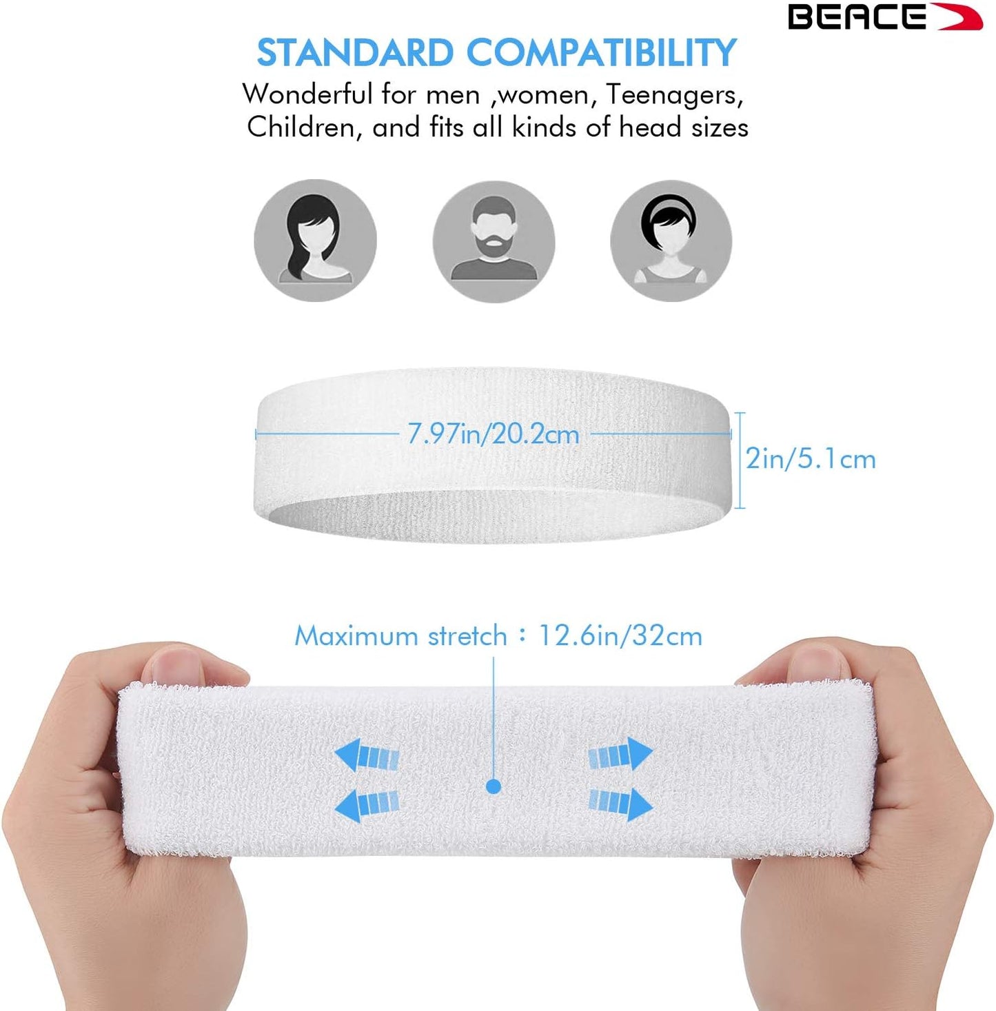 BEACE Sweatbands Sports Headband for Men & Women - 6PCS Moisture Wicking Athletic Cotton Terry Cloth Sweatband for Tennis, Basketball, Running, Gym, Working Out