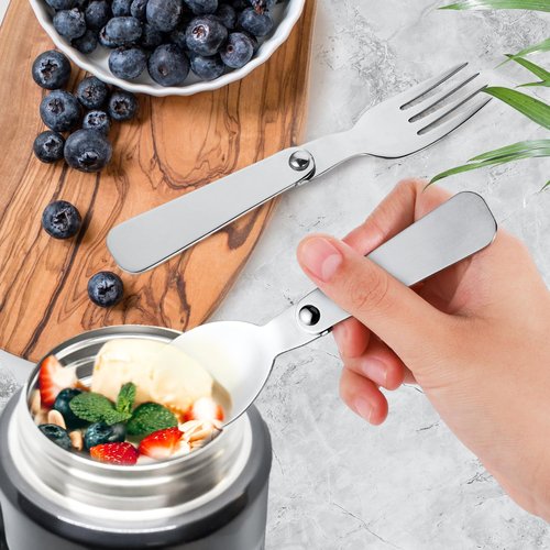 BOXOB 2pcs Folding Spoon & 2pcs Foldable Forks for Thermos Funtainer 10oz Food Jars, Portable Replacement Stainless Steel Spoons Forks for Travel Camping Picnic Outdoor Activities