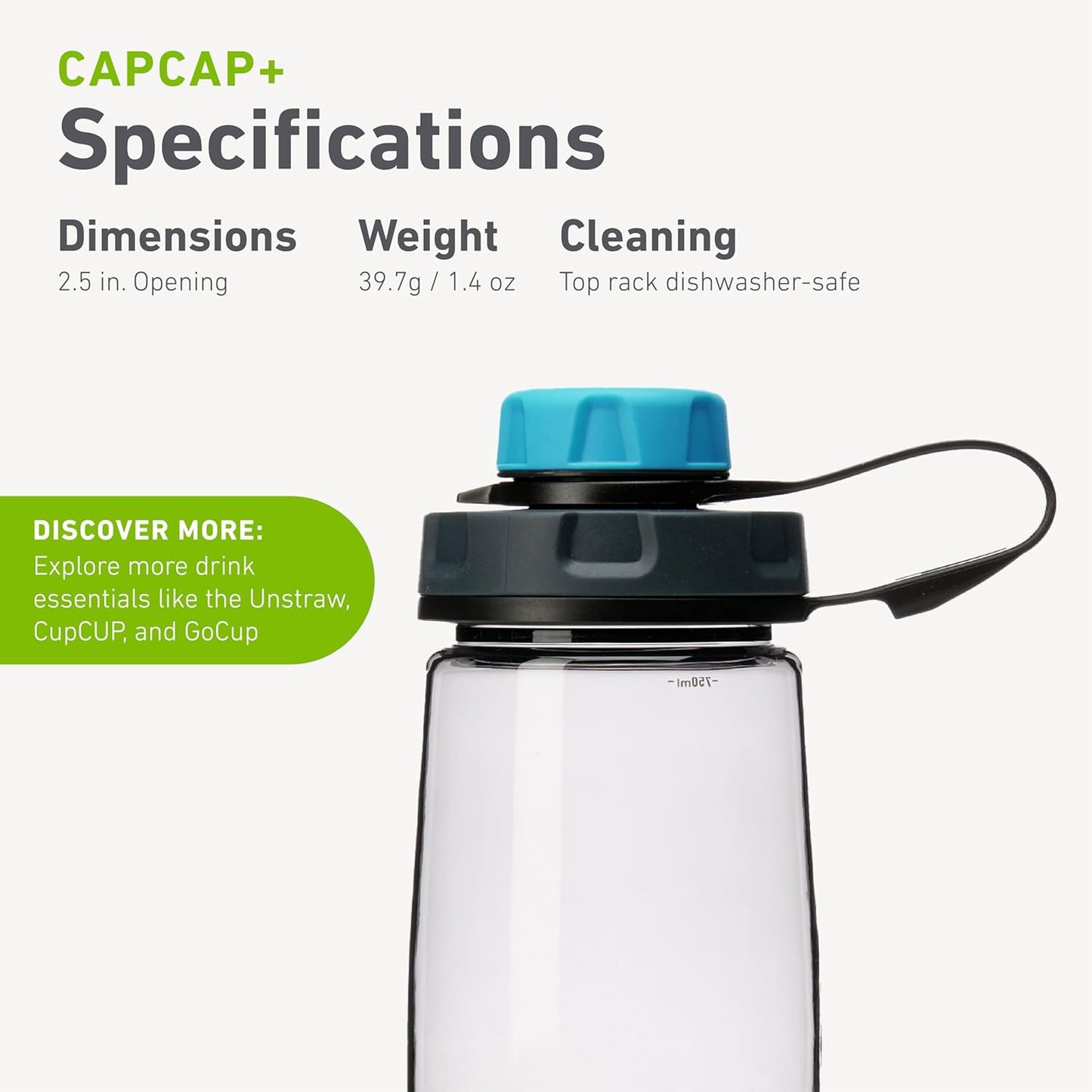 humangear capCAP+ | Converts Wide-Mouth Openings | Secure Easy Open | Food-Safe Material | Water Bottle Accessory Lid