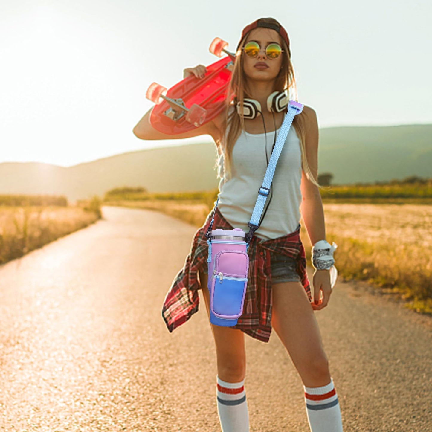 Jecten Water Bottle Carrier Bag Fit for 40oz Stanl-ey Tumbler with Handle, Water Bottle Holder Bag with Adjustable Shoulder Strap for Hiking Travelling Camping (Gradual Purple)