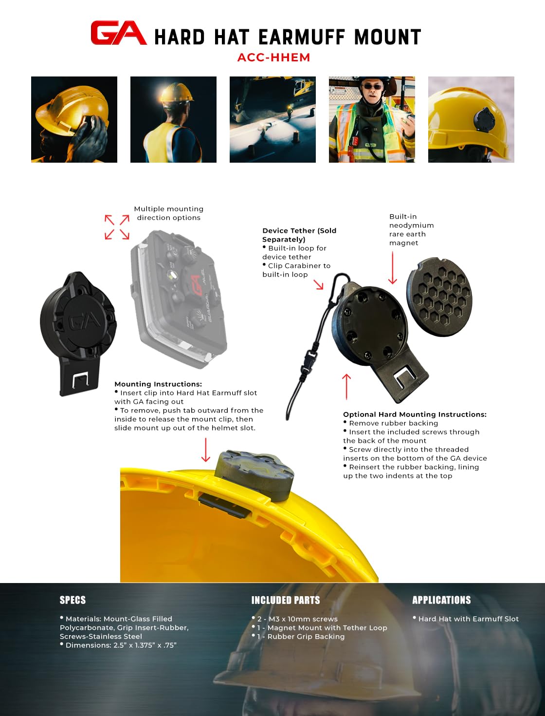 Guardian Angel Flashlight Hard Hat Earmuff Slot Mount Accessory – Magnetic Mount with Screw-in Feature – Inserts and Clips Securely to Earmuff Inserts on Hard Hats – for Hard Hats and Safety Helmets