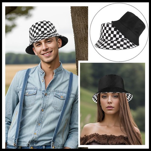 MILAKOO Checkerboard Fisherman Bucket Hat Reversible Double Side Wear Beach Funny Cap Black & White