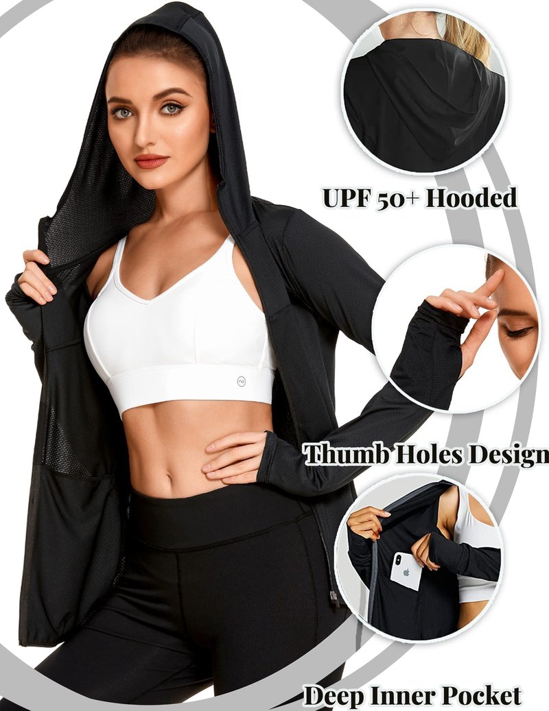 COOrun Women's UPF 50+ Sun Protection Hoodie Jacket Lightweight Full Zip Running Jacket Athletic Workout Top with Thumb Holes Zipper Pockets Black S
