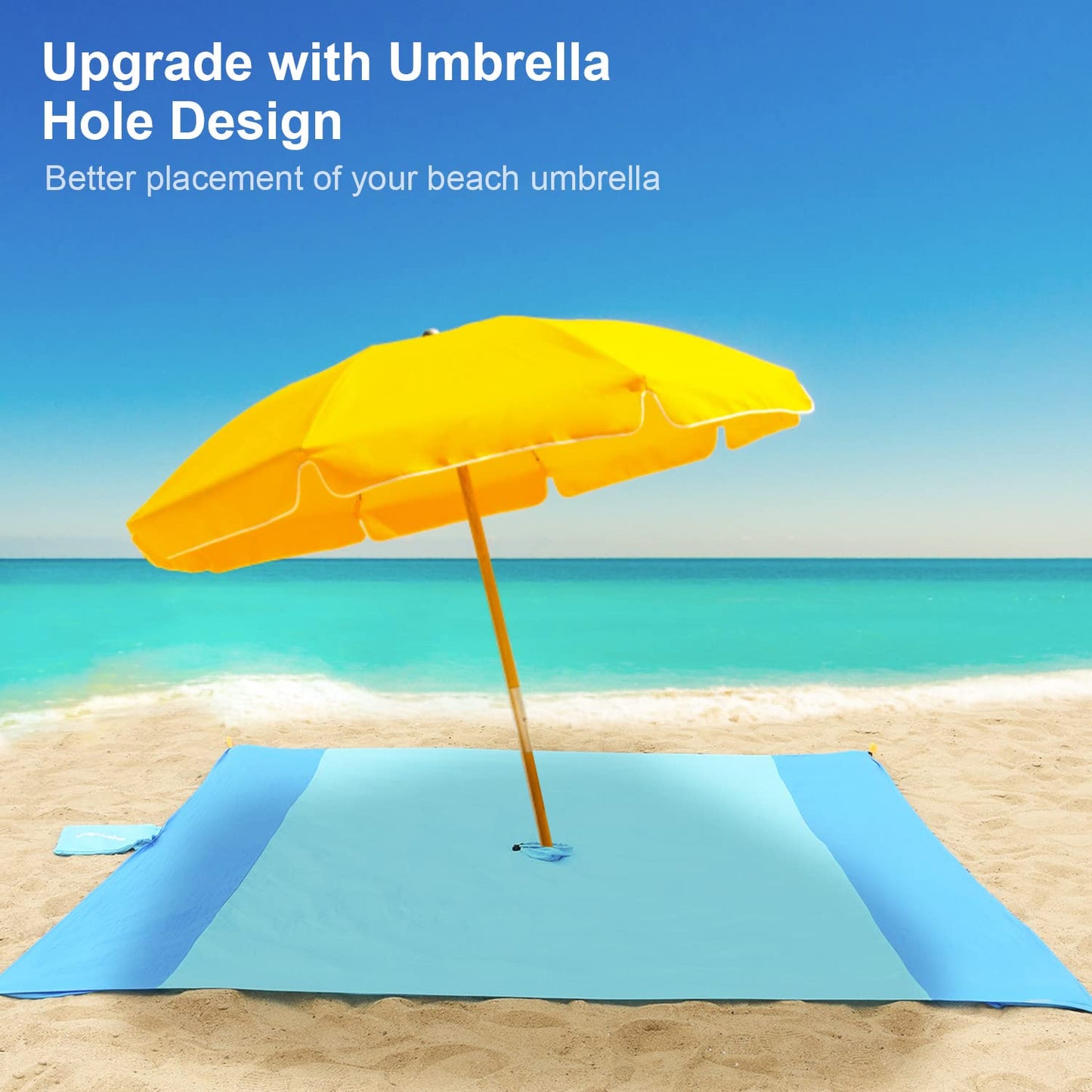 imgokaha Beach Blanket with Umbrella Hole, Large Beach Blanket Waterproof Sandproof, Comfortable Nylon Beach Mat Lightweight with 4 Stakes & 4 Corner Pockets Blue 7FT