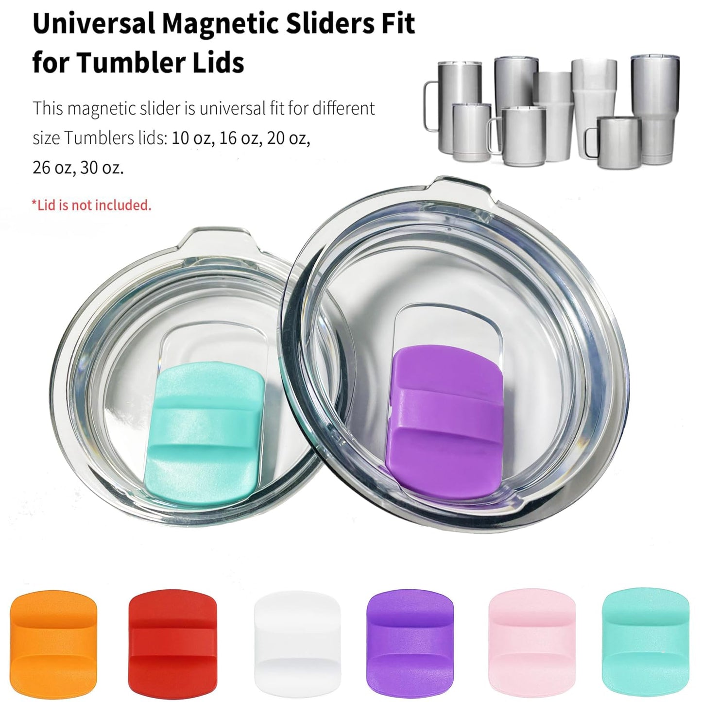 6 Pack Magnetic Slider Replacement, Compatible with Yeti 10 oz 14oz 16 oz 20 oz 26 oz 30 oz Magnetic Lids (Purple White Red Orange Teal Pink)