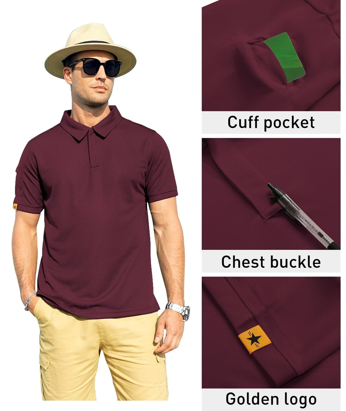 ZITY Mens Polo Shirt Short Sleeve Sports Tactical T-Shirt Athletic Golf Polos Daily Casual Stylish Collared Shirts for Men Wine Red 4X-Large