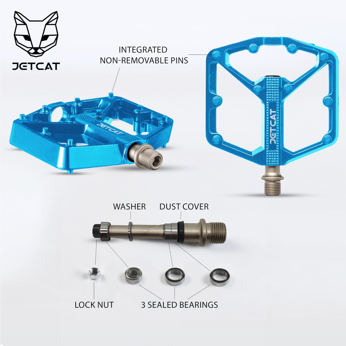 JETCAT Mountain Bike Pedals Flat - MTB Pedals Flat, Bicycle Pedals, Road Bike Pedals, BMX Pedals, for BMX MTN Road Gravel EBike, Specialized Parts, Adults, Aluminum Metal Stamp 9/16" Blue