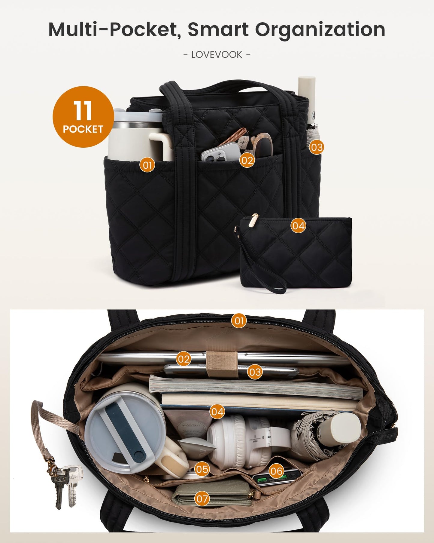 LOVEVOOK Puffer Tote Bag for Women, Quilted 17" Work Tote with Zipper, Large Travel Essentials Handbag with Cup Holder, Puffy Purse for Teacher, Nurse, Gym, Hospital, Overnight, Carry On Shoulder Bag