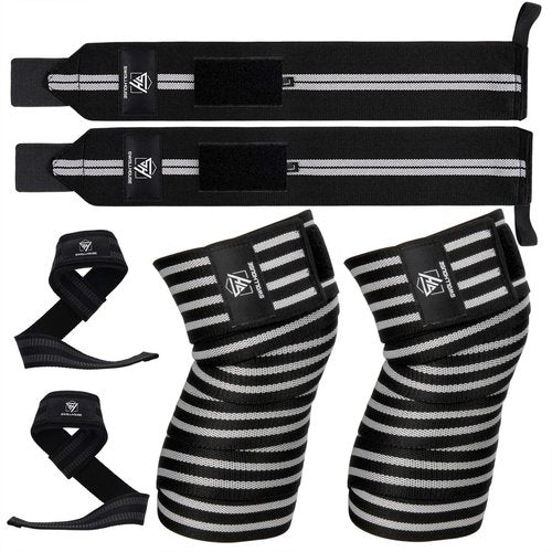SWOLLHOUSE Knee Wraps + Wrist Wraps + Weight Lifting Straps Bundle (3 Pairs) for Weightlifting Bodybuilding Strength Training Workout Gym, Fitness Protective Set for Men & Women
