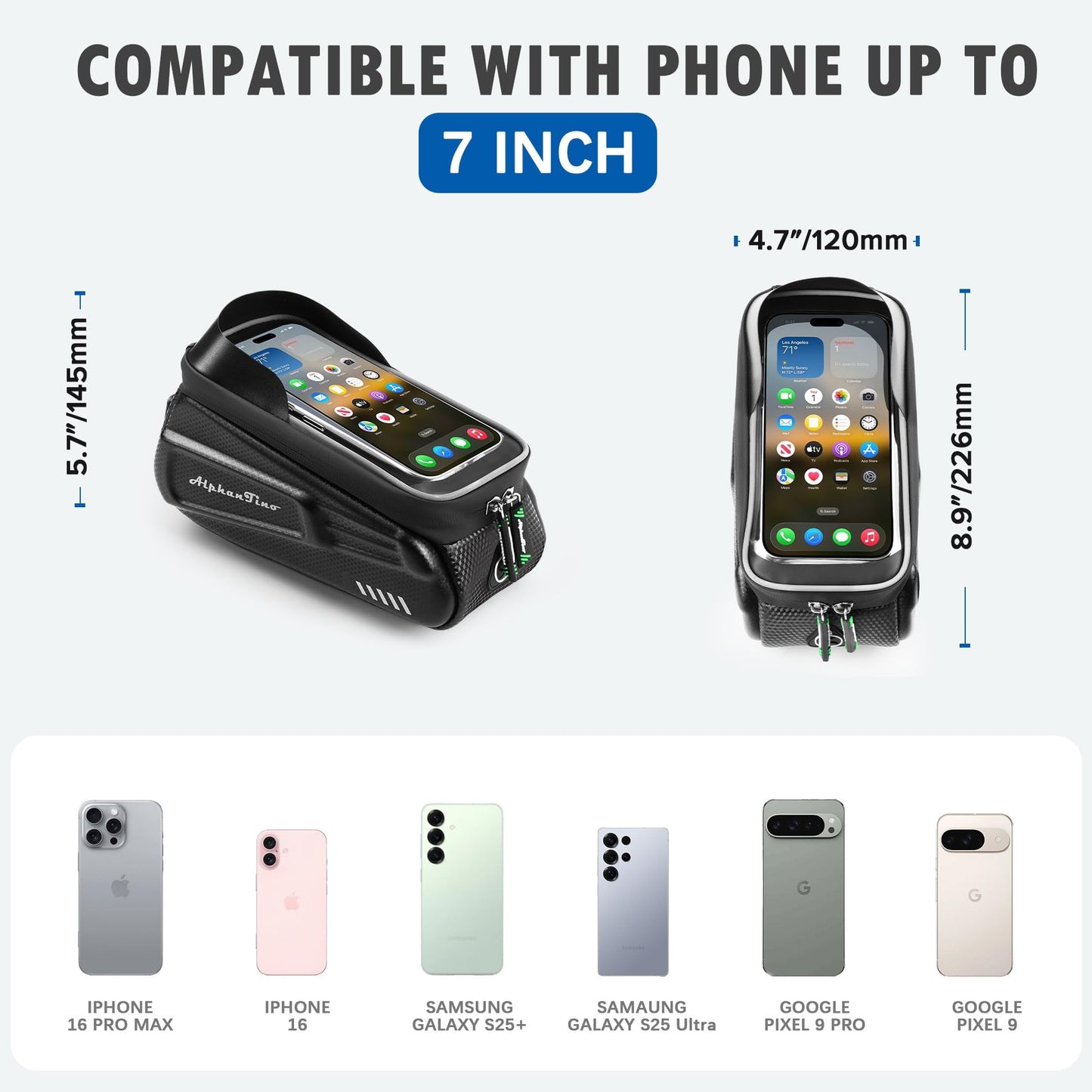 Alphantino Bike Phone Holder Bag - Waterproof Hard Case Large Capacity Top Tube Front Frame Bicycle Pouch Cycling Mount, Bike Accessories, TPU Touch-Screen & Sun-Visor (Green ZIpper)