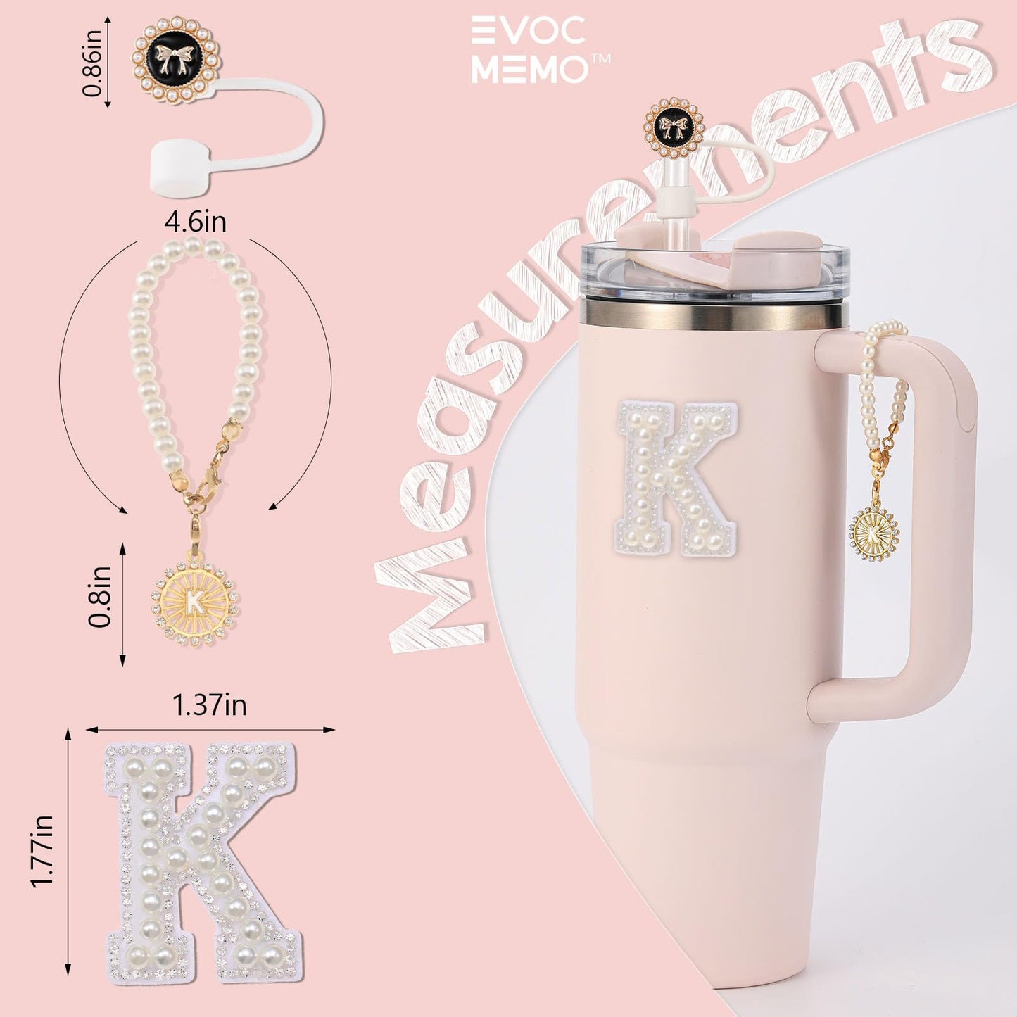 3PCS Cup Accessories Compatible with Stanley - Straw Cover for 30&40 Oz Tumbler 10mm Silicone Straw Topper, Initial Charms Chain for Handle and Letter Sticker Decorations-K