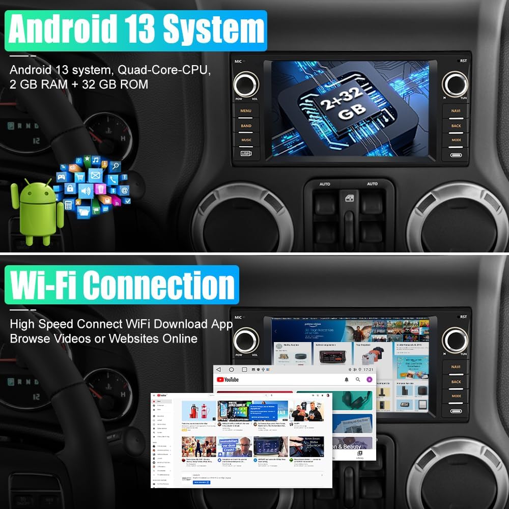 AWESAFE Android Car Stereo for Jeep Wrangler Radio 2007-2018 Chrysler Dodge Ram 1500 with Wireless Carplay, 7 Inch Touch Screen for Jeep Car Radio with WiFi GPS FM Radio + Backup Camera