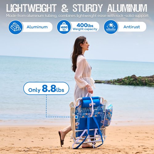 Old Bahama Bay Backpack Beach Chair, Aluminum Lightweight Reclining 5-Position Lounge Chair for Adults Heavy Duty Support 400 LBS Portable Folding with Cooler Bag Camping Chair for Sand Outdoor