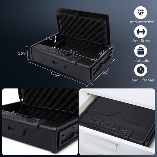 Towallmark Biometric Gun Safe for Pistols, Quick Access Firearm Safety Handgun Safe with Fingerprint Identification Digital Keypad Key and Mute Mode for Bedside Nightstand Drawer Car