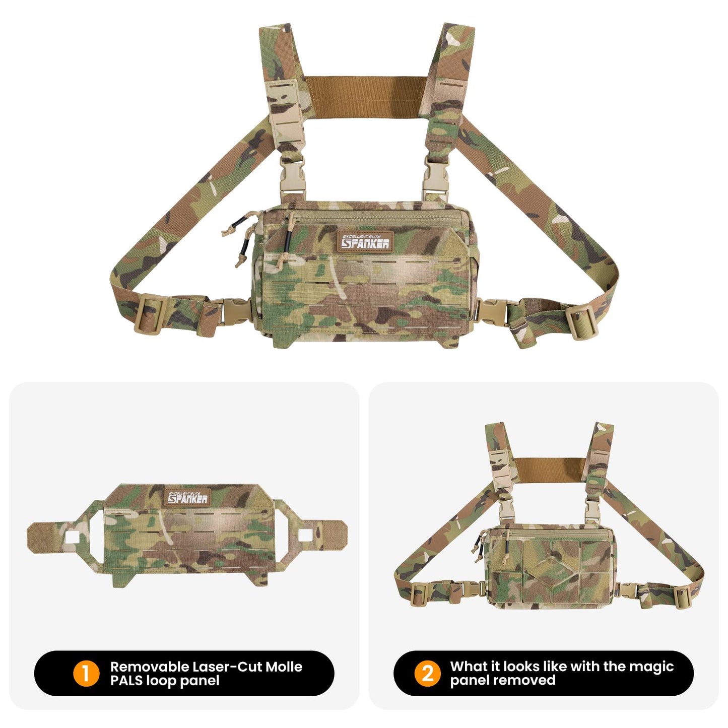 EXCELLENT ELITE SPANKER Tactical Chest Rig Pack EDC Chest Bag Molle Utility Chest Pouch Lightweight for Outdoor Hunting Workouts Hiking(Multicam)