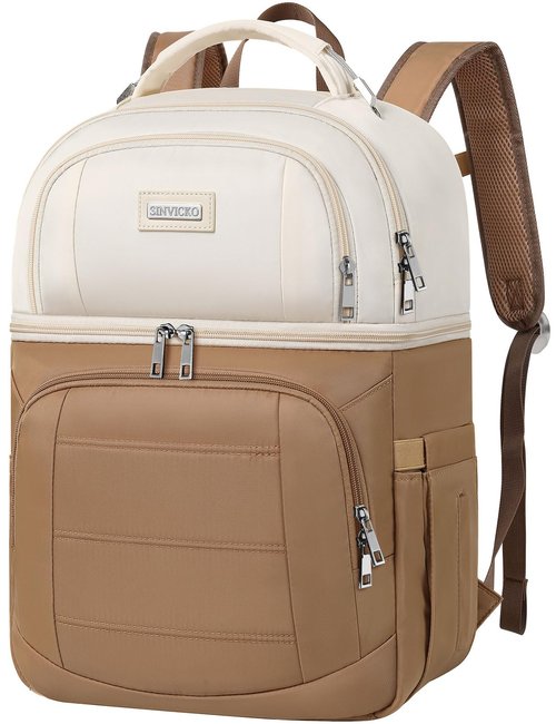 SINVICKO Dual Compartment Backpack Cooler, 12 x 6.6 x 17.3 inch, Apricot & Khaki, Polyester