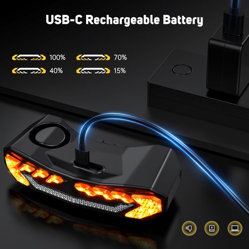 EQIIO Smart Bike Turn Signals, Rechargeable Front Bike Light & Electric Bike Horn, Waterproof Bicycle Alarm System Anti Theft, Cycling Safety Warning Bicycle Turn Signals for Ebike Bicycle Scooter