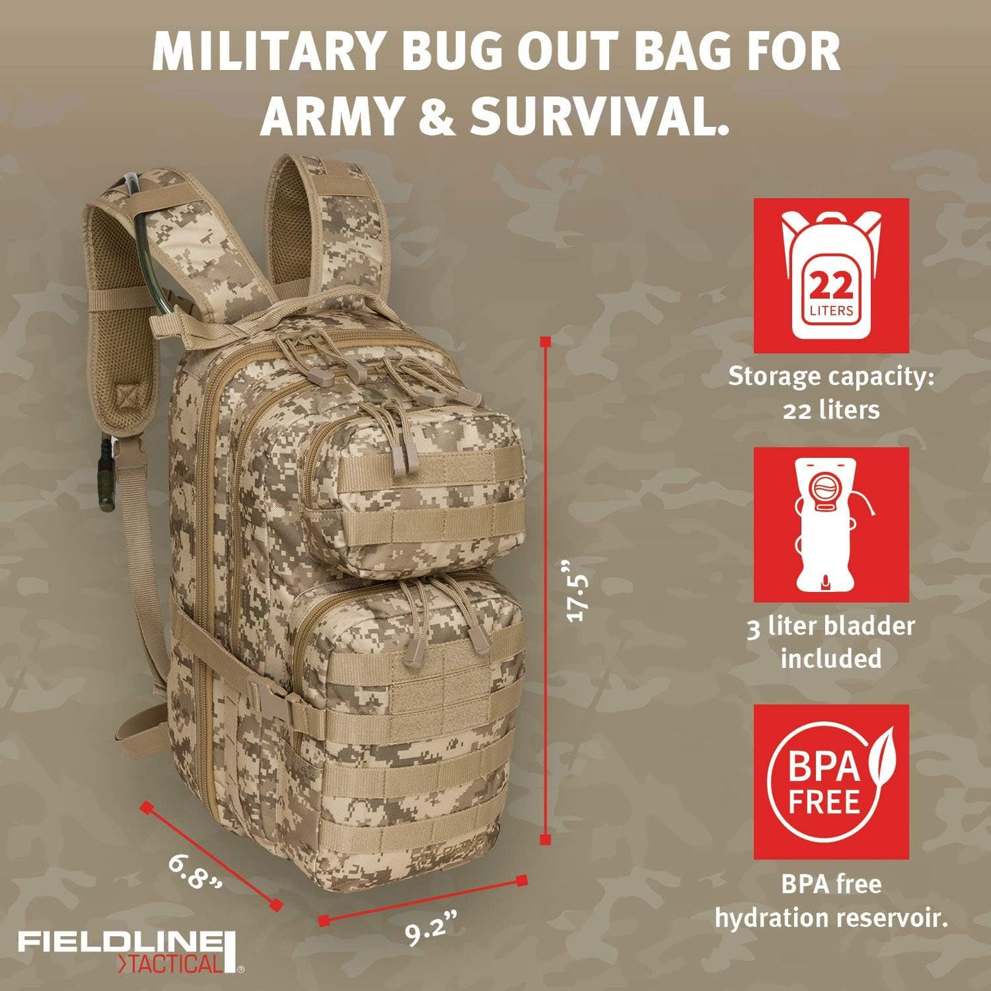 Surge Tactical Hydration Pack by Fieldline | Military Backpack with MOLLE System | Survival Bug Out Bag | 22L Storage Capacity + 3L Reservoir (Digital Sand)