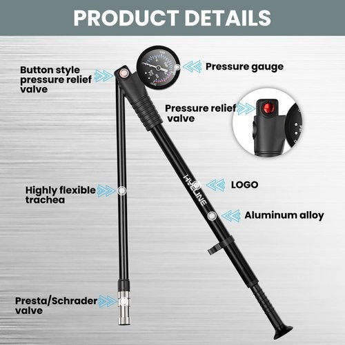 Hycline Shock Pump for Mountain Bike, High Pressure 300 Psi for Front Fork and Rear Bicycle Suspension Air Pump with Gauge Fits Schrader & Presta Tire Valve-Black