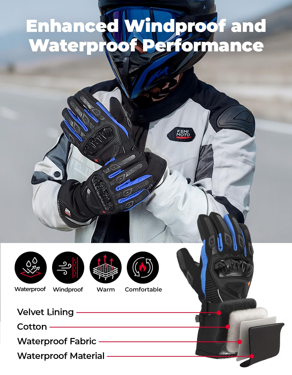 KEMIMOTO Winter Motorcycle Gloves, Rainproof Riding Warm Gloves with Touchscreen for Motorcycle Riding, ATV, UTV, Snowmobile Blue L