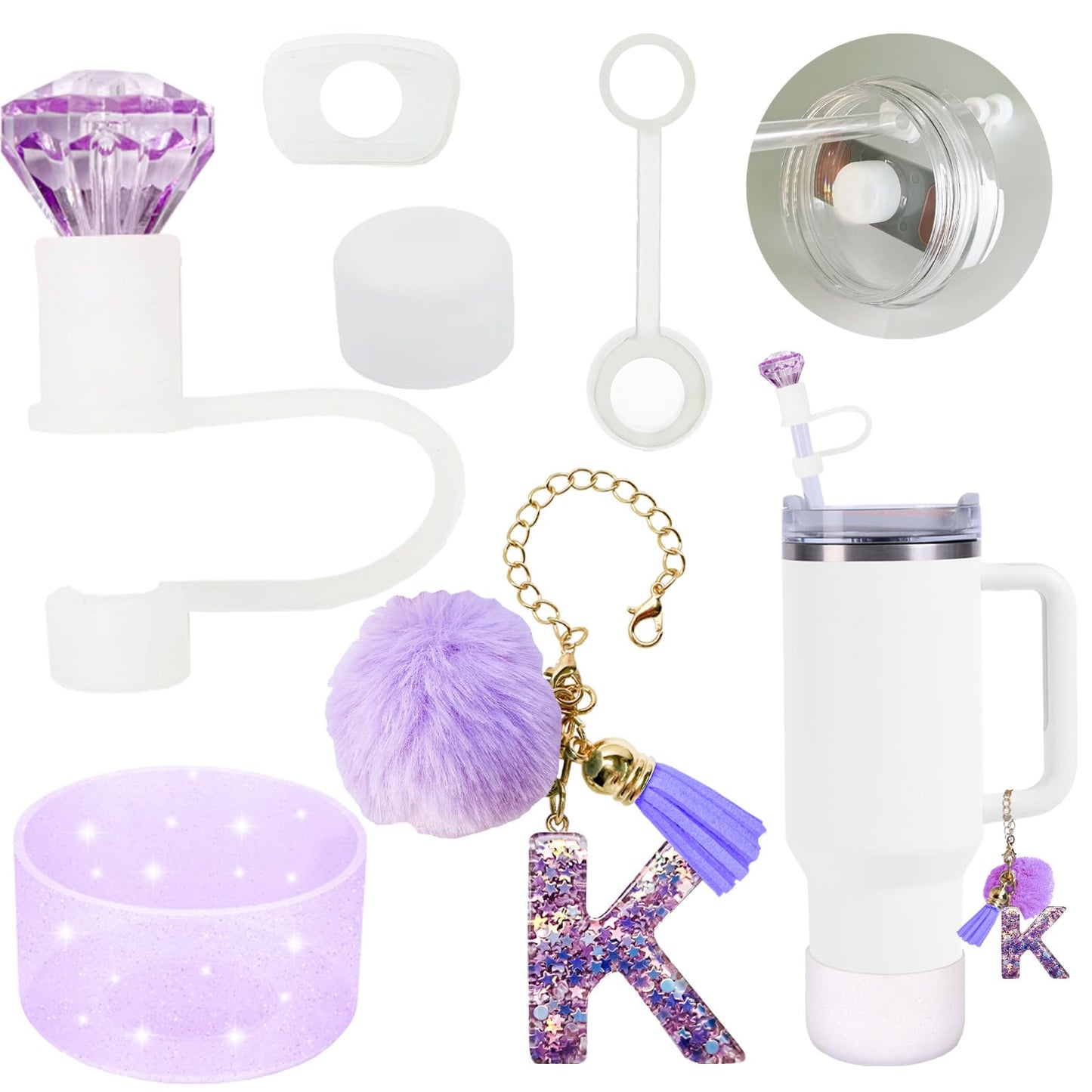 6-Pcs Stanley Cup Accessories Set,10mm Straw Topper, Letter Charms,Diamond Straw Covers,Bling Silicone Boot, Spill-Proof Compatible Stanley Cup Accessories(Purple K)