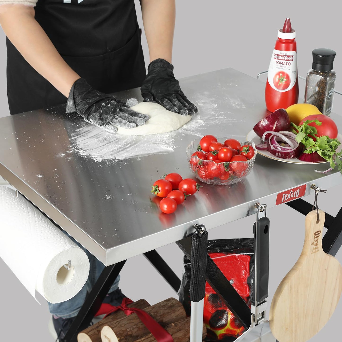 Feasto Outdoor Grill Table, Foldable Pizza Oven Stand & Griddle Stand with Garage Rack & Tissue Holder, Folding Outdoor Prep Table for Gathering and Party, 30" x 24", Stainless Steel