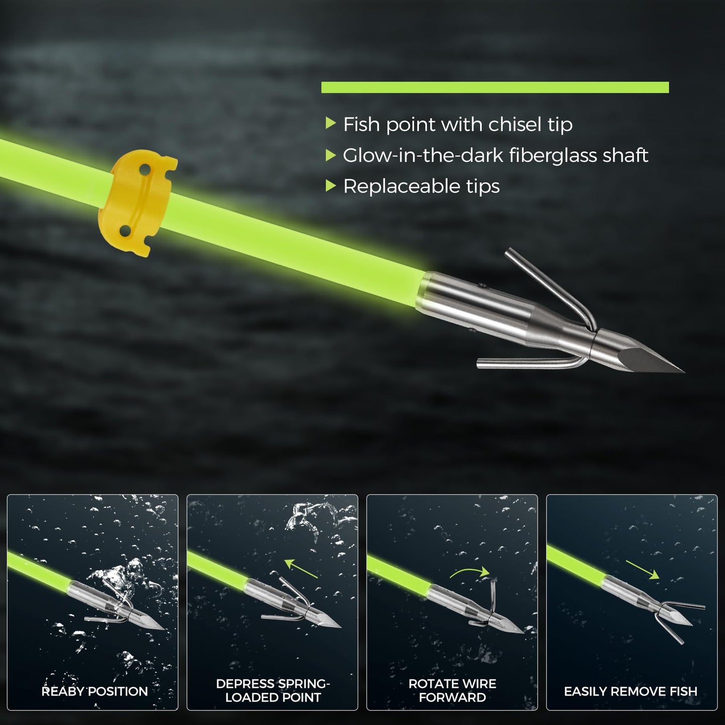 KEAUP 6 Pack 32 inch Bowfishing Arrows Luminous with Broadheads and Safty Slides Bowfishing Bow for Compound Bow Recurve Bow Fishing Hunting