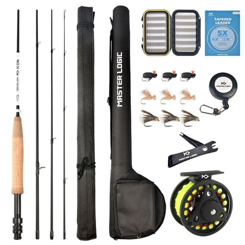 MASTER LOGIC Fly Fishing Rod and Reel Combo Starter Kit, Graphite Fly Rod with Cork Handle, Die Cast Aluminum Reel, Fly Box Case & Fishing Flies and Carrying Case and Accessories(3/4wt-7'0"-4pc)