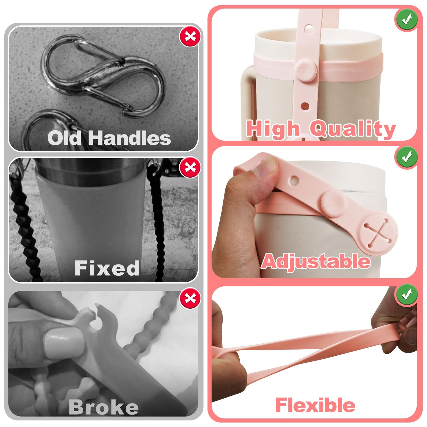 3Pack Water Bottle Handle - Silicone Water Bottle Sling, Carrier, Holder with Strap for Stanley 16-40oz Cup, for Owala FreeSip 24-40oz, Easy to Carry Around for Tumbler Without Handle (Pink)