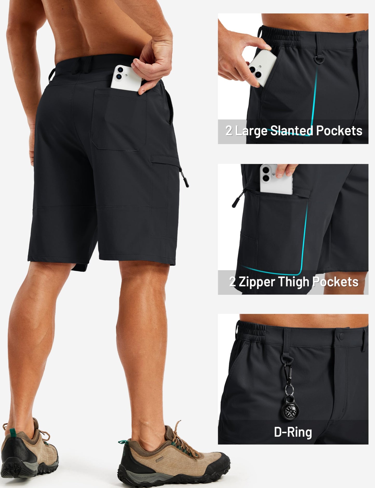 TACVASEN Men's Hiking Cargo Shorts Black Shorts with 5 Pockets D-Ring Quick Dry Lightweight Fishing Golf Casual Trekking