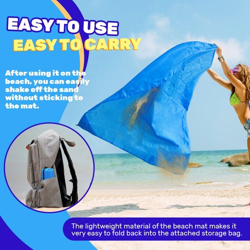 Roucerlin 2 Pack Pocket Beach Blanket with Bag, 59'' x 55'' (2-3 Adults) Beach Mat Sand Free Waterproof, Lightweight Outdoor Picnic Blankets, Packable Camping Blanket Tarp for Hiking Travel (Blue)