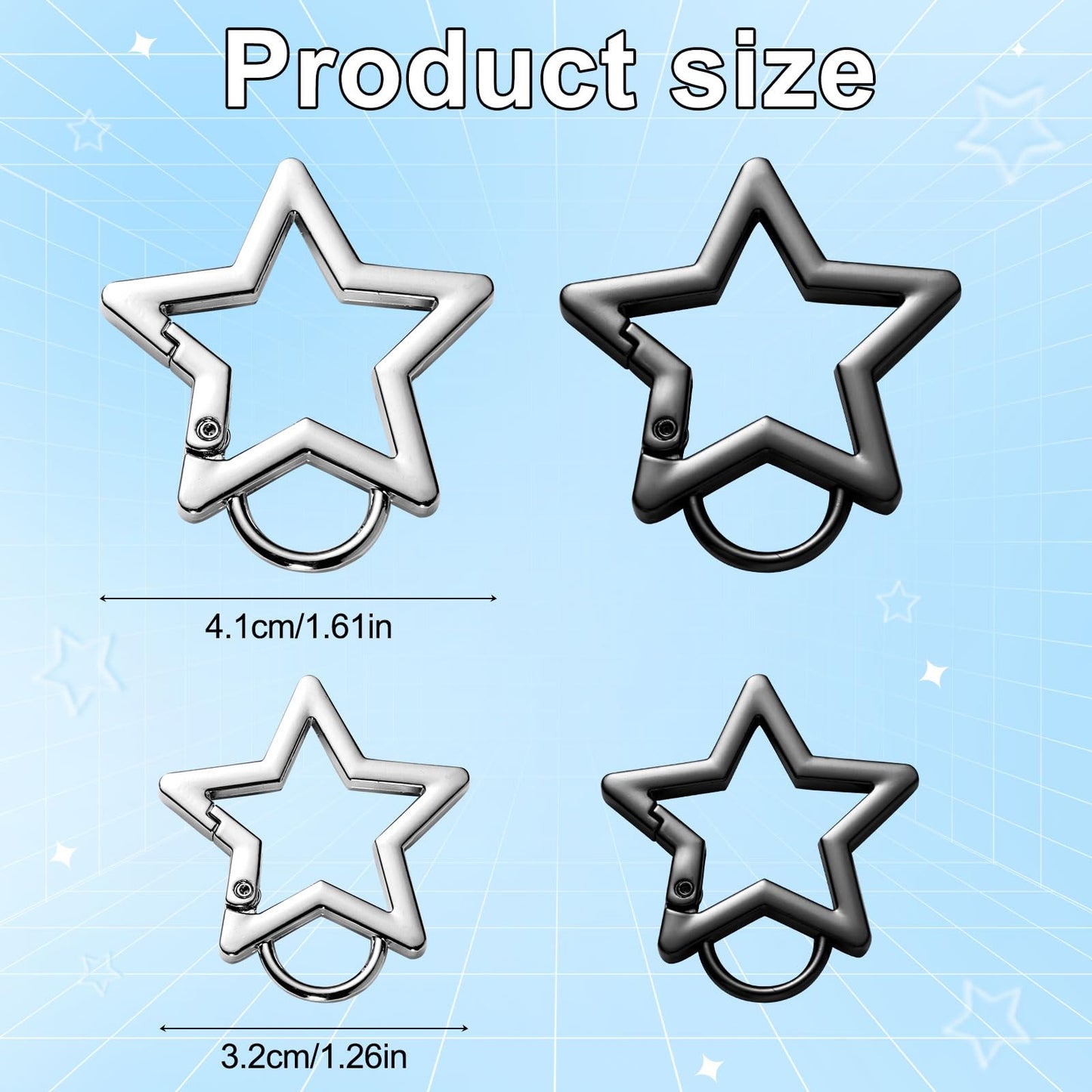 4pcs Star Carabiner, 1.61in & 1.26in Zinc Alloy Cool Cute Star Shaped Carabiner Clip Fashionable Pentagram Carabiner Keychain for Keys Ring Camping Outdoor Travel(Black, Silver)