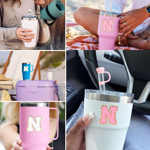 BABORUI 6Pcs Cup Accessories for Stanley Cup, Straw Cover Cap for Stanley Water Bottles 20 30 40oz, Initial Charm, Letter Cup Stickers for Stanley(N)
