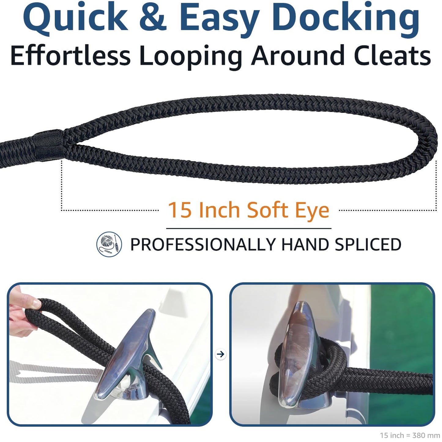 PACTHSD 4 Pack 5/8" x 20' Dock Lines - Marine Grade Nylon Boat Rope with 15" Loop for Docking and Mooring - Double Braided Boat Lines, High Strength, Easy Handling, Fray Resistant - Black