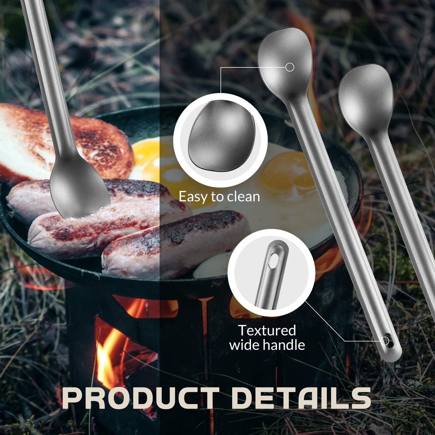 Hoolerry 4 Pieces Camping Spoon Long Handle Titanium Spoon Lightweight Ultralight Portable Flatware Soup Utensil for Outdoor Camping Backpacking Hiking Travel Picnic(Silver)