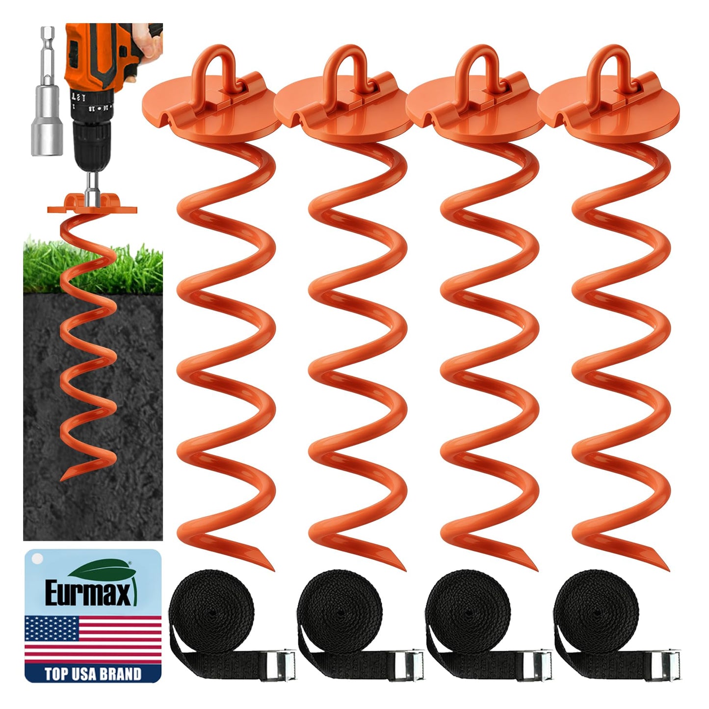 Eurmax USA 4-Pc Pack Spiral Stakes Heavy Duty Anchor Kit Ice Screw Anchor for Trampoline, Tents, tarps, Canopies,car Ports,Dog tie Out and etc Bonus Tie Down Straps 4-Pc Pack (Orange)