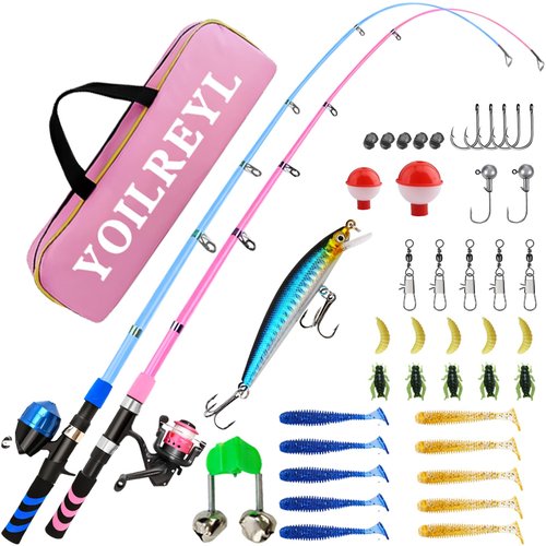 Yoilreyl Kids Fishing Rod and Reel Combo Push Button Small Collapsible TelescopicFishing Pole Kit Beginner Youth Boys Girls Fishing Starter Set Tackle(Spinning Rod+Casting Rod)