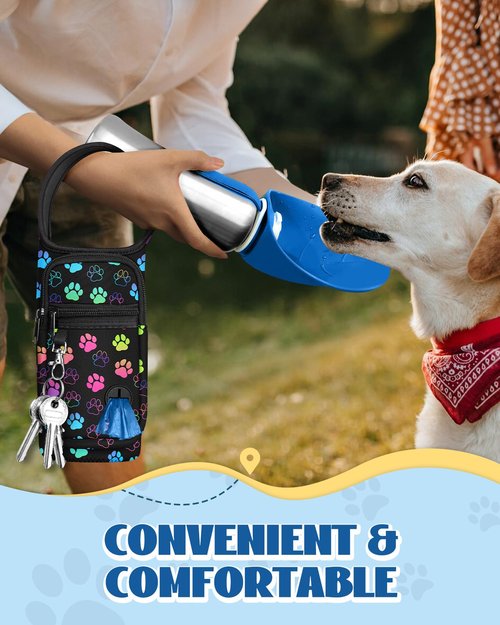 Toykee Portable Dog Water Bottle Carrier Bag for PupFlask 27oz - Travel Bottle Purse Sling with Phone Pocket Strap, Cute Colors Paw Black Pet Bottle Holder Cover for Easy Walking Hiking