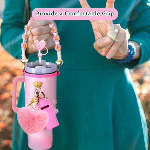 HAOYINEER Cup Accessories Set for Stanley Cup 40oz 30oz Tumbler, Including Water Bottle Handle Strap, Silicone Spill Proof Stopper, Silicone Cup Boot, 2 Pcs Charms, Pink