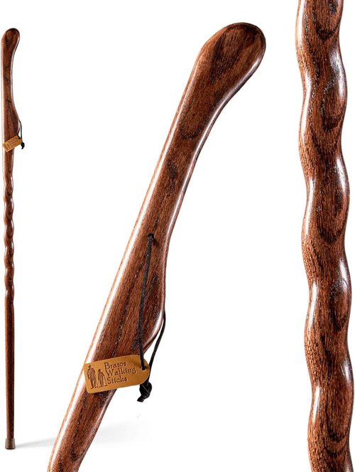 Brazos Handcrafted Wood Walking Stick, Twisted Oak, Hitchhiker Style Handle, for Men & Women, Made in The USA