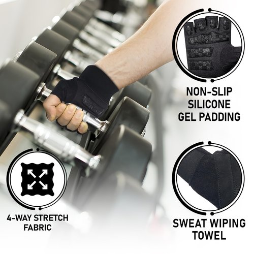 Stealth Sports Weight Lifting Workout Gloves Men Women Non-Slip Gel Padded Grip Full Palm Protection for Pull ups Gym Training Fitness Weightlifting Bodybuilding Exercise Gloves,R7 - Black (L), Large