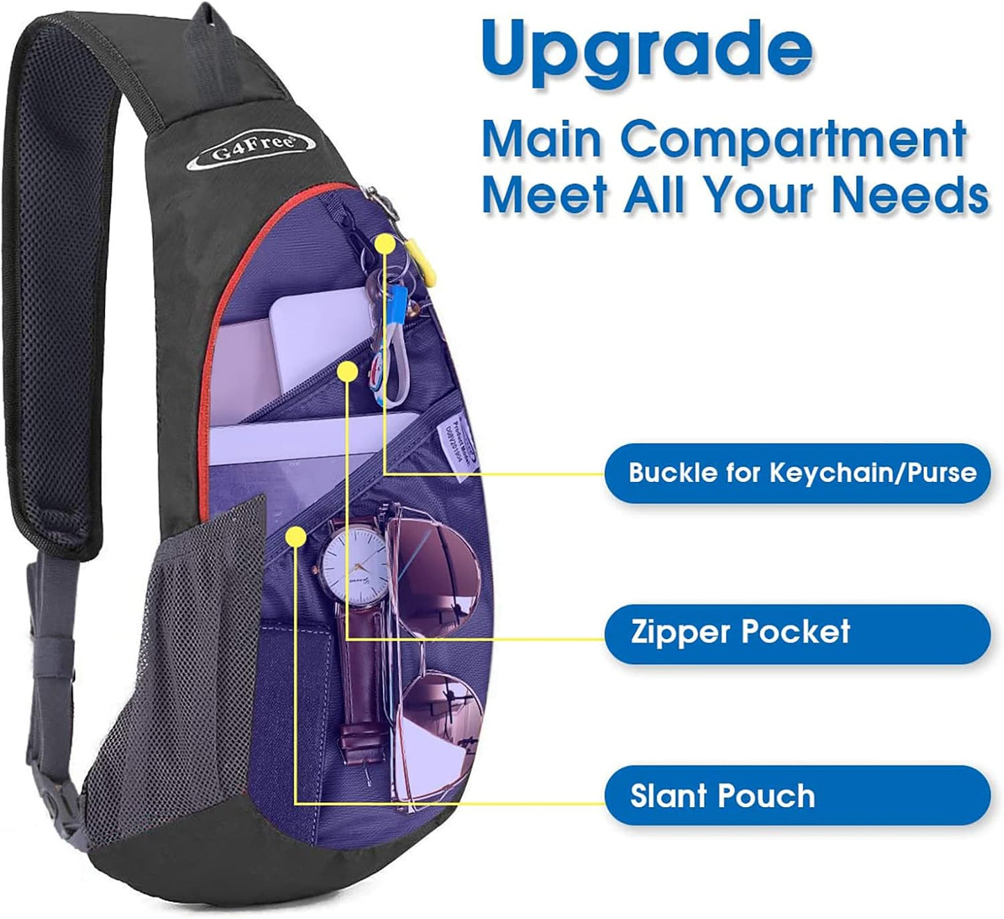 G4Free Sling Bag for Men Women, Small Crossbody Backpack Lightweight Chest Shoulder Bags for Travel, Outdoor and Sports (Black)