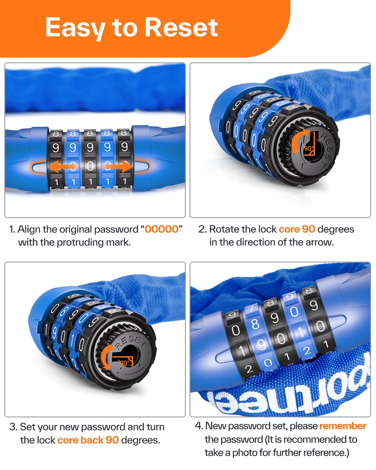 Sportneer Bike Lock: 5 Digit Combination High Security Anti Theft Bike Chain Lock - 3.2/3.6/4ft Heavy Duty Resettable Keyless Bicycle Lock for Bike, Motorcycle, Scooter, Door & Gate - 6mm Thick