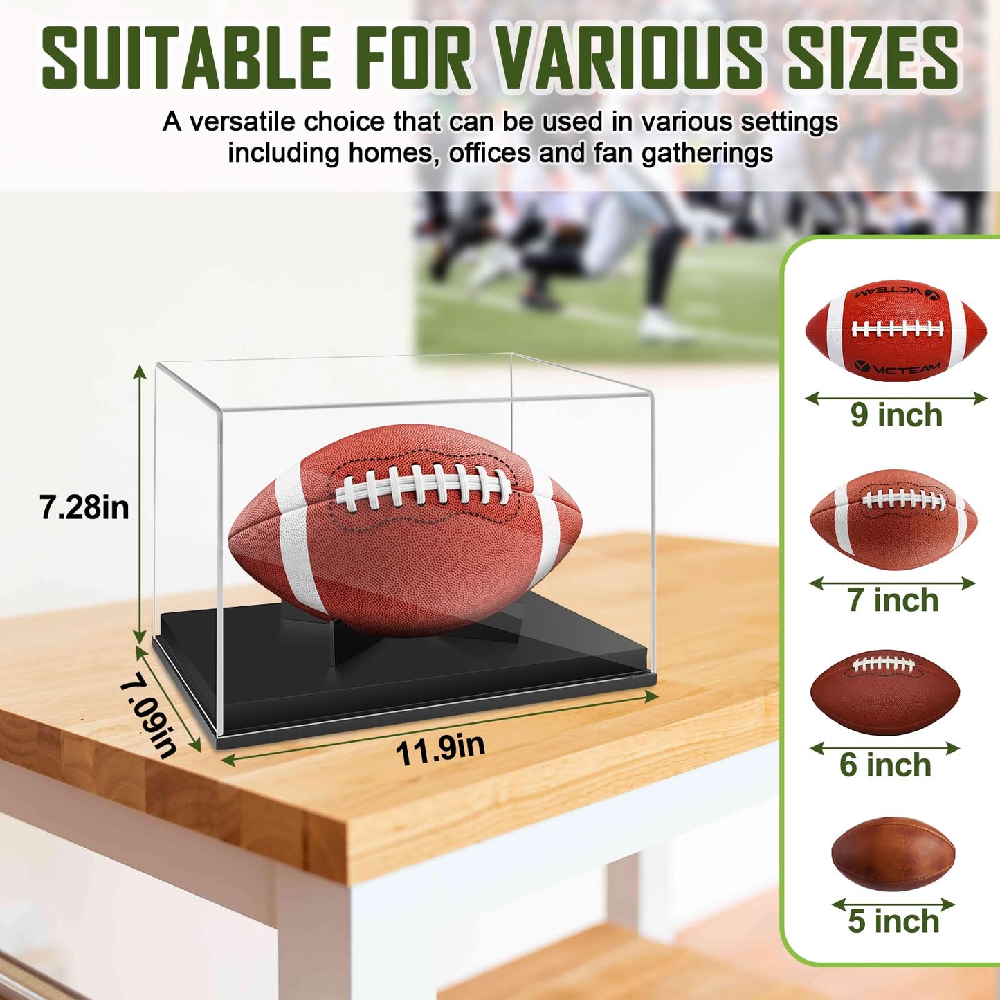 Football Display Case Full Size，Memorabilia Display Box Cases for Football or Memorial Sports Gloves，Acrylic Clear Box with Wood Stand Solid Base