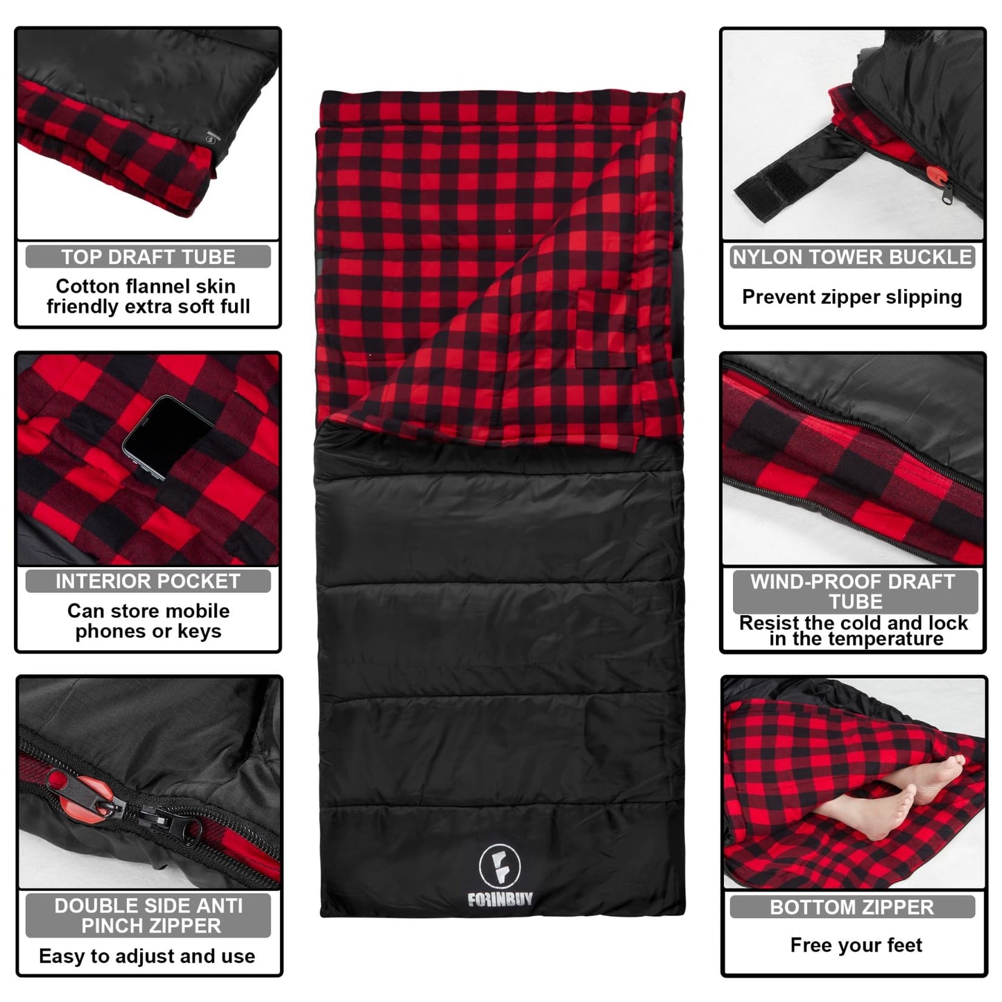 FORINBUY Flannel Sleeping Bag Cold Weather for Adults XL Camping Cotton Sleeping Bag 4 Season Big and Tall, Waterproof with Compression Sack