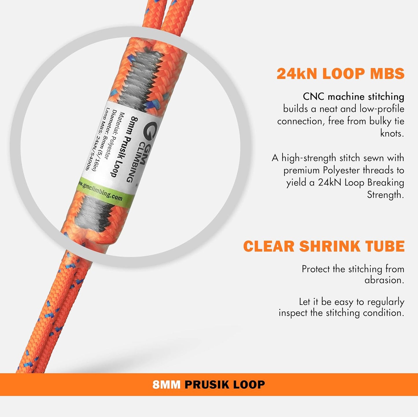 GM CLIMBING 8mm (5/16") Prusik Loop Pre-Sewn 18 inches / 24 inches